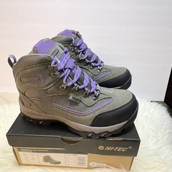 Hi Tec Purple Gray Leather Mid Lace Up Waterproof Hiking Boots Womens Size 11 - Picture 1 of 15